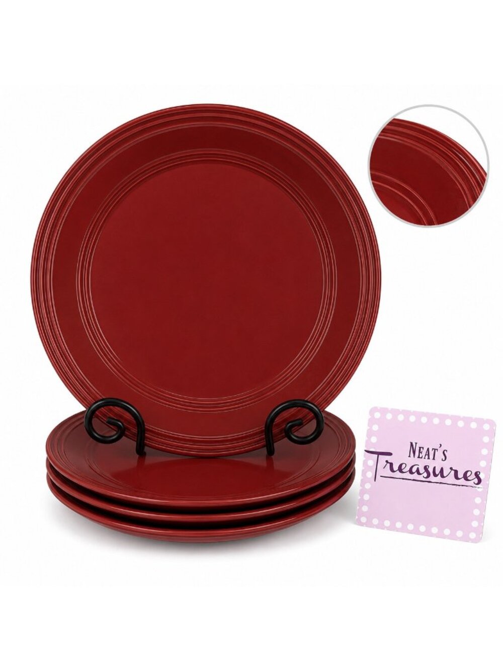 Mainstays RAINFOREST RED Embossed Ring Stoneware 10.75" Dinner Plates Set of 4
